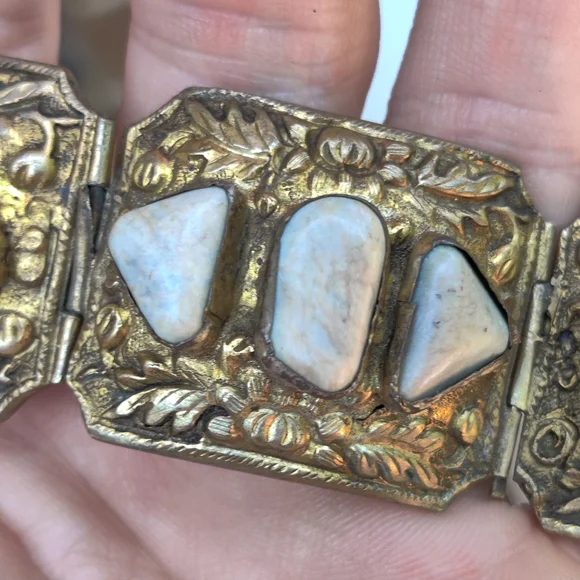 Antique Chinese Export stone panel bracelet with pin closure